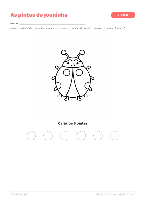 Página real do kit: atividade de carimbo com o dedinho As pintas da joaninha (2 a 3 anos)