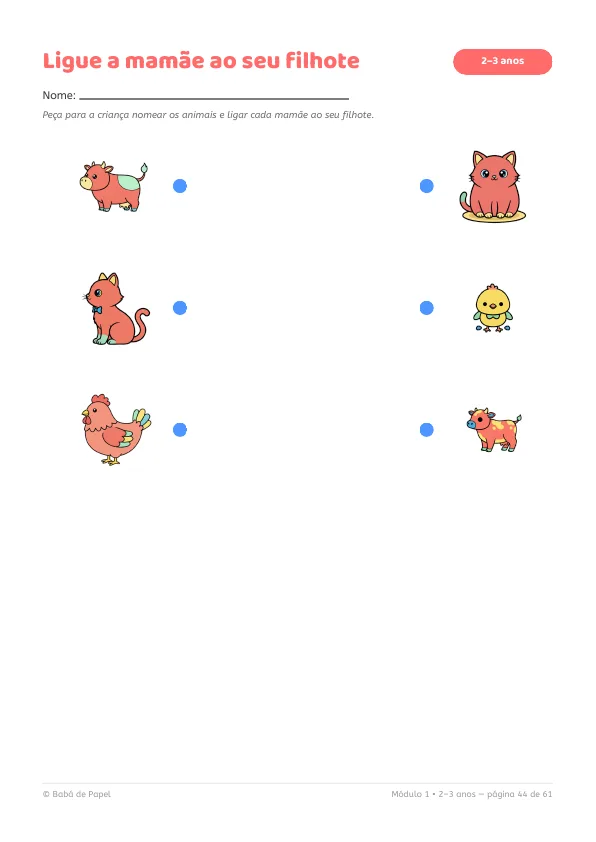 Página real do kit: atividade Ligue a mamãe ao seu filhote, com ilustrações coloridas de animais (2 a 3 anos)