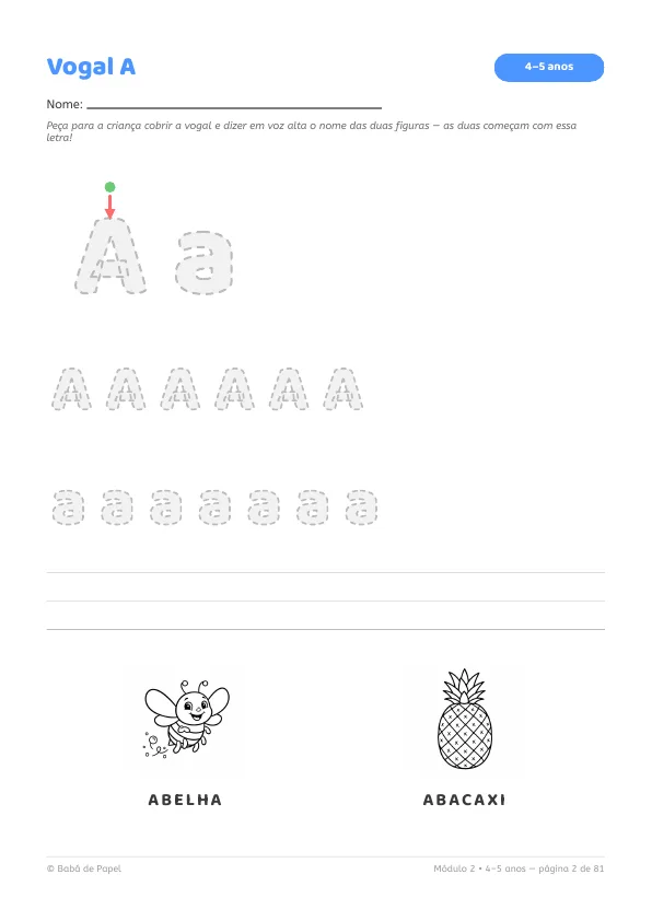 Página real do kit: atividade Vogal A com letras pontilhadas pra cobrir e figuras pra colorir (4 a 5 anos)