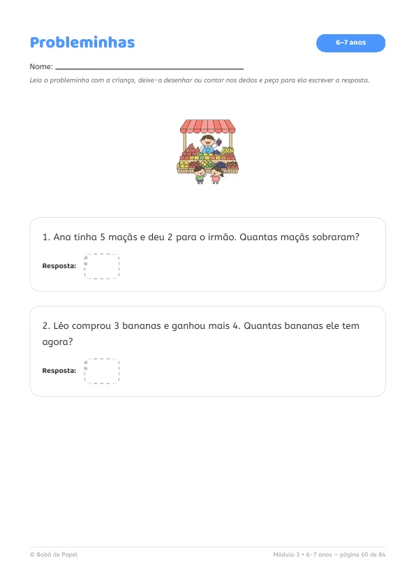 Página real do kit: probleminhas ilustrados de matemática com cena de feira (6 a 7 anos)