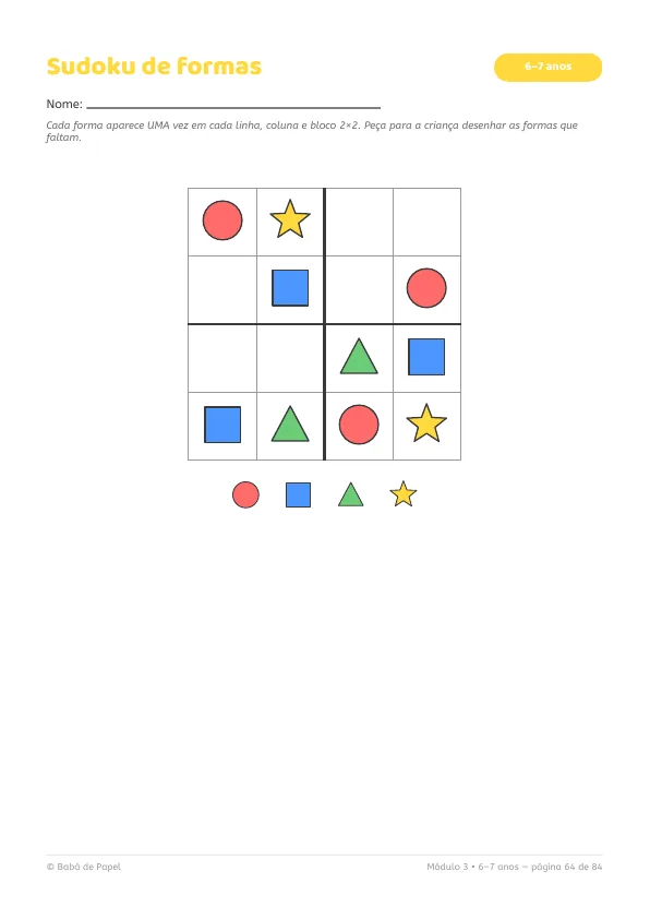 Página real do kit: Sudoku de formas geométricas coloridas (6 a 7 anos)