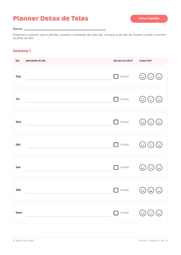 Página real do bônus: Planner Detox de Telas com a semana 1, checkbox de dia de Circuito e carinhas de avaliação