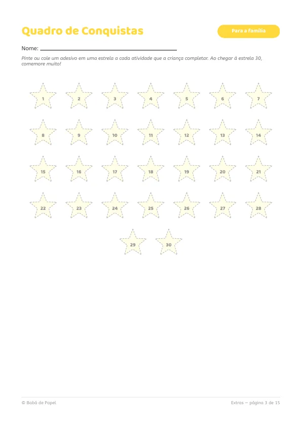 Página real do bônus: Quadro de Conquistas com 30 estrelas numeradas pra pintar ou colar adesivo